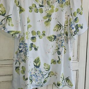 LC Lauren Conrad Flutter Sleeve Green and Blue Floral Blouse